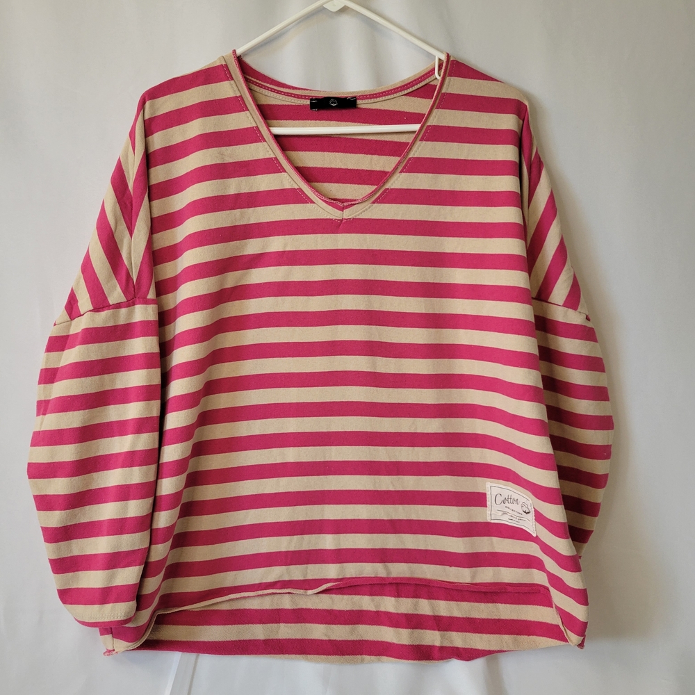 Cotton Collection Pink and Cream Striped Women's Sweater